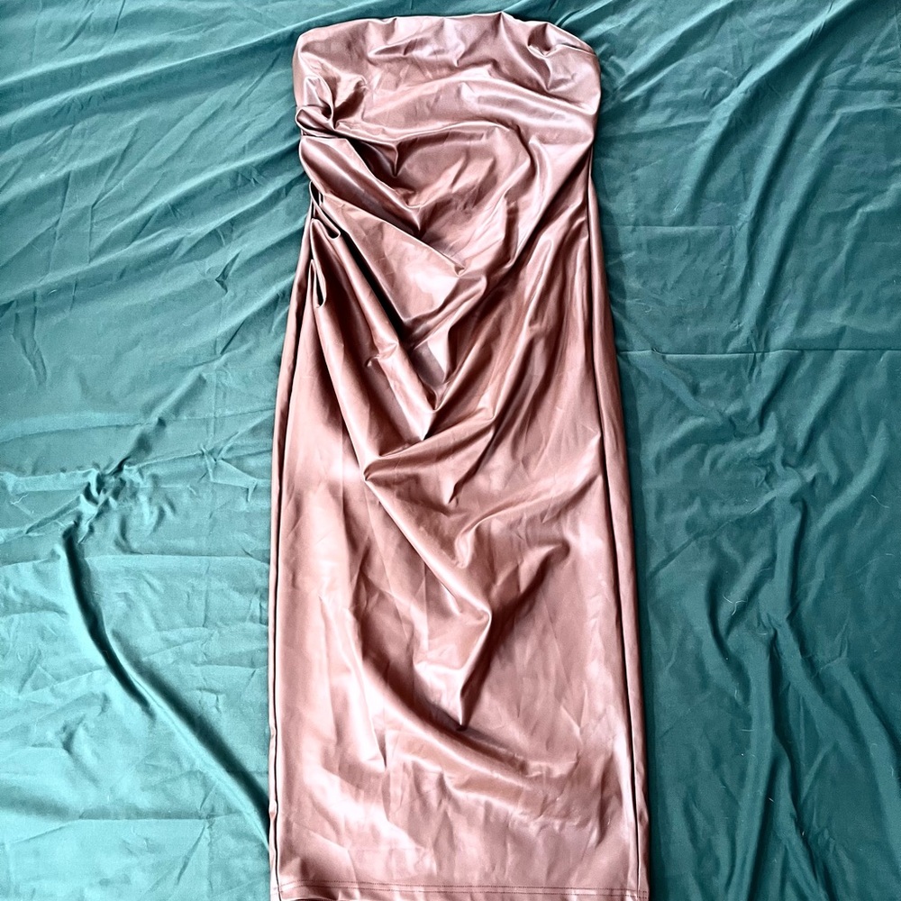 Faux Leather Brown Strapless Dress